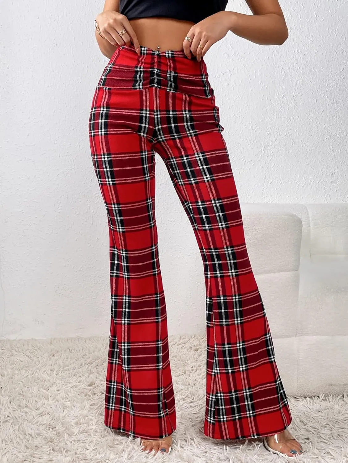 SweatyRocks WWomen's Plaid Ruched Elastic Waist Flare Wide Leg Pants Tartan Print Bell Bottom Long Trousers