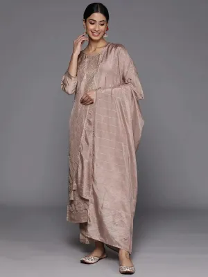 Taupe Embroidered Silk Blend Straight Kurta With Trousers & Dupatta