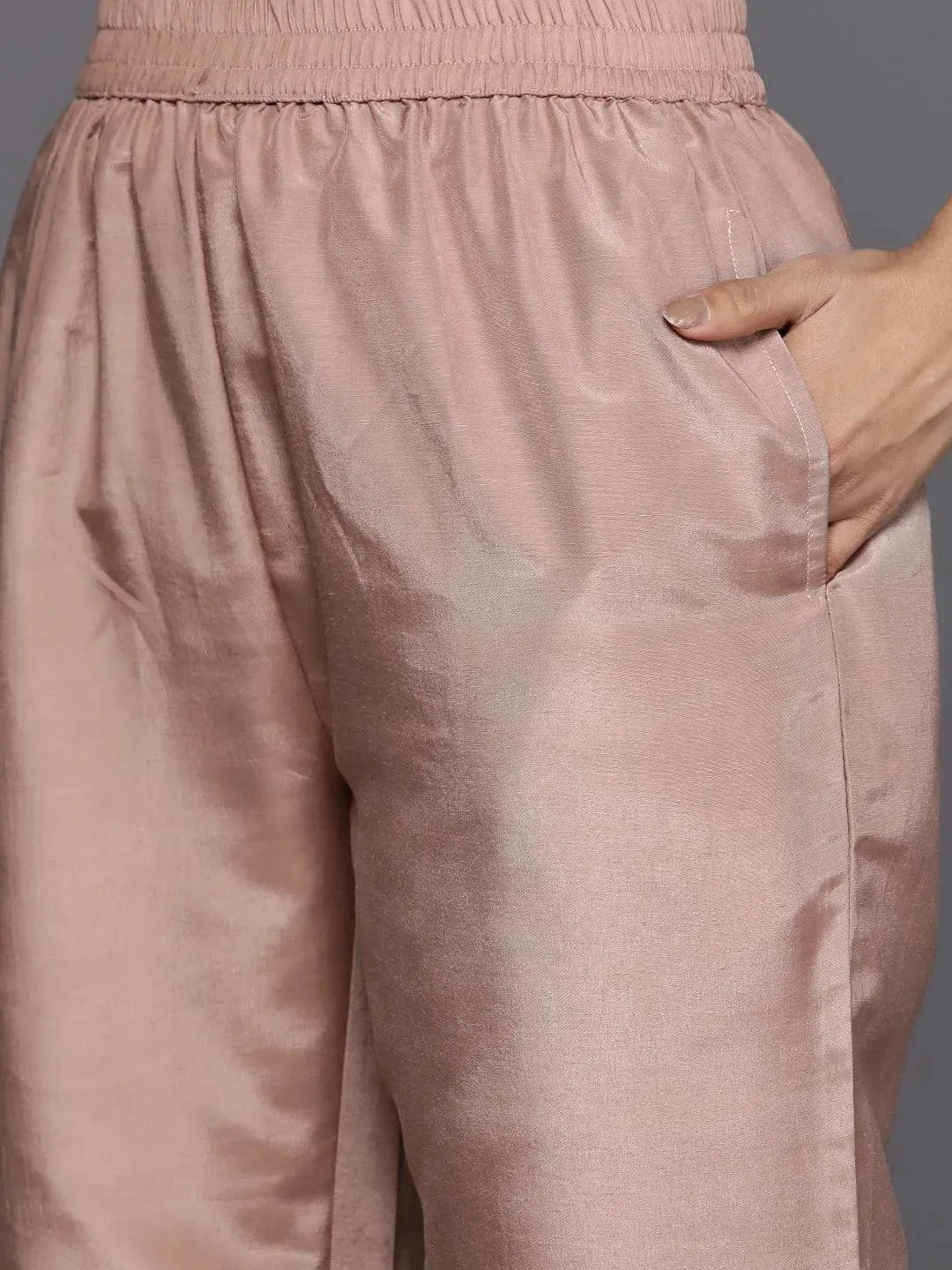 Taupe Embroidered Silk Blend Straight Kurta With Trousers & Dupatta