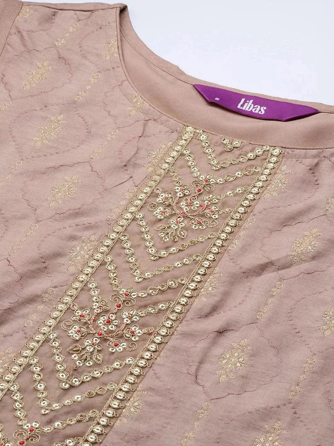 Taupe Embroidered Silk Blend Straight Kurta With Trousers & Dupatta