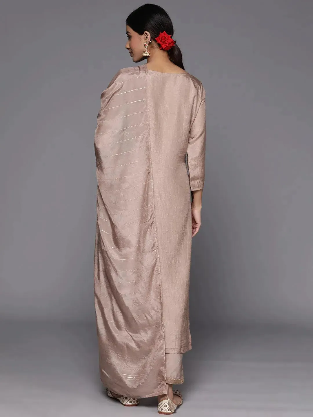 Taupe Embroidered Silk Blend Straight Kurta With Trousers & Dupatta