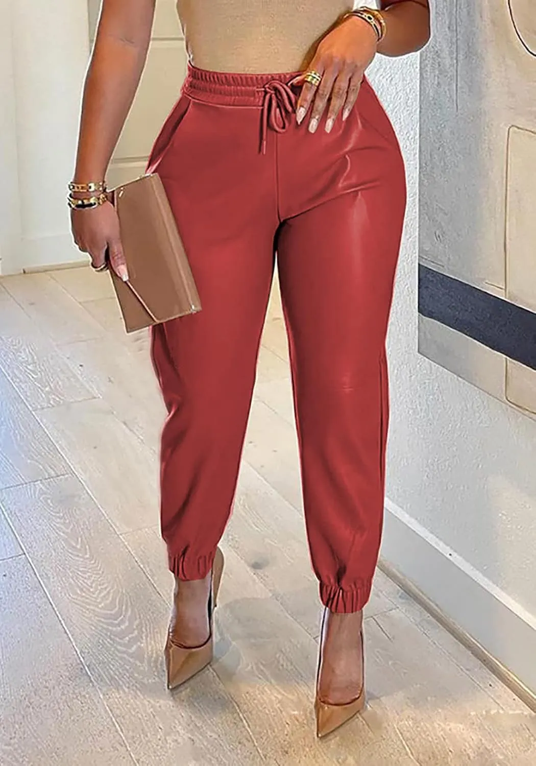 Tcremisa Women's Faux Leather Pants Drawstring Elastic High Waist Joggers Casual Loose Trousers with Pockets
