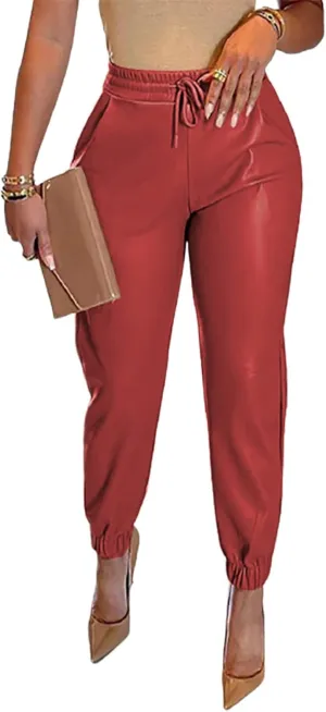 Tcremisa Women's Faux Leather Pants Drawstring Elastic High Waist Joggers Casual Loose Trousers with Pockets