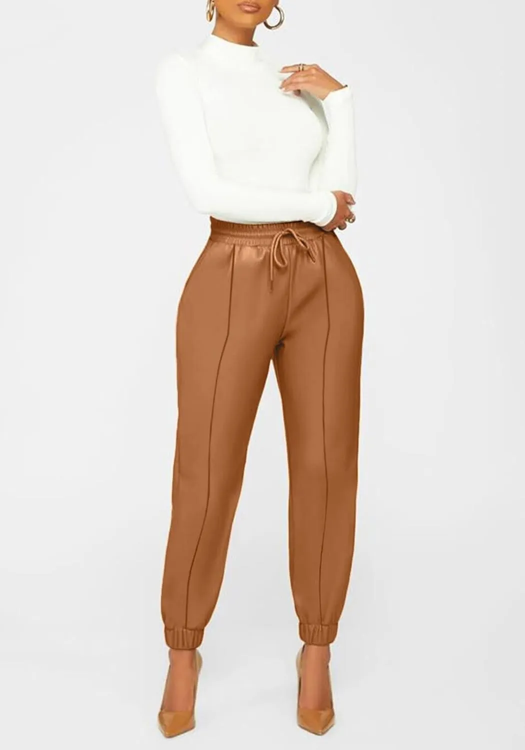 Tcremisa Women's Faux Leather Pants Drawstring Elastic High Waist Joggers Casual Loose Trousers with Pockets
