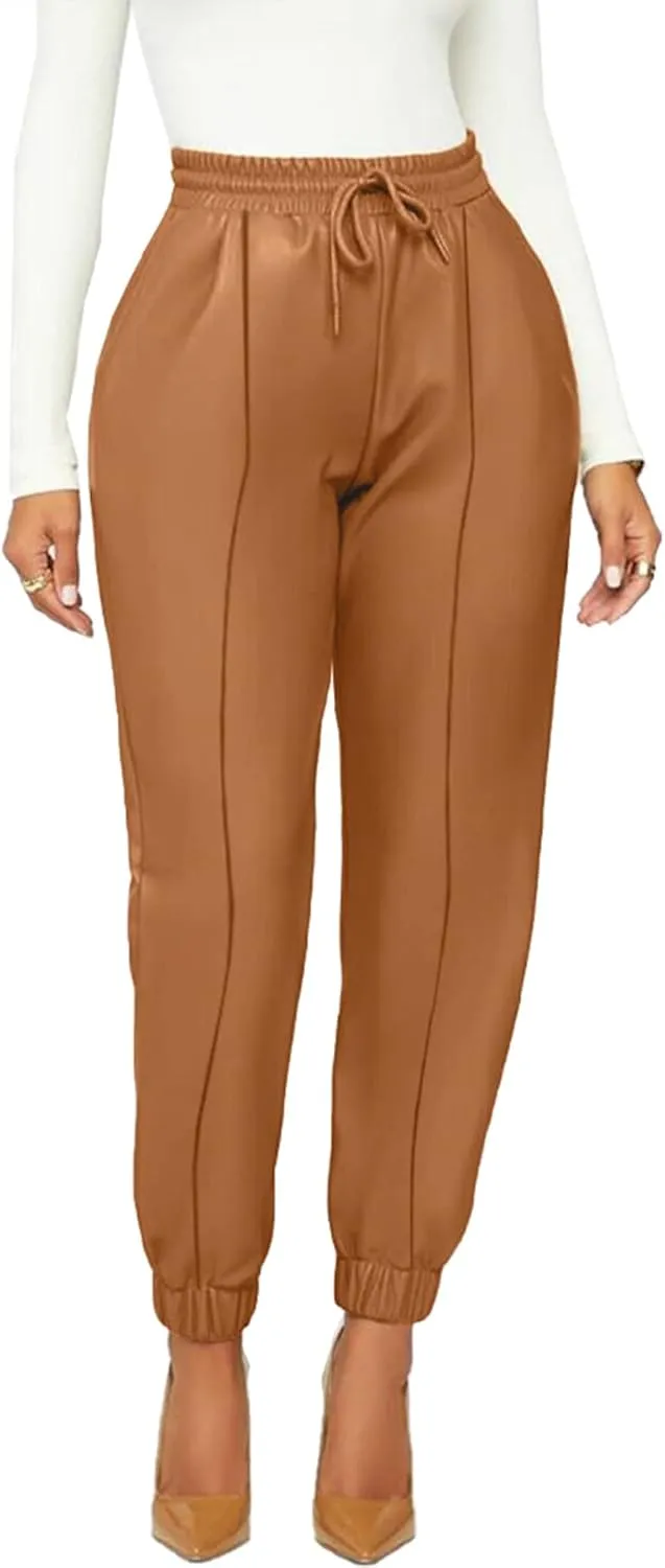 Tcremisa Women's Faux Leather Pants Drawstring Elastic High Waist Joggers Casual Loose Trousers with Pockets