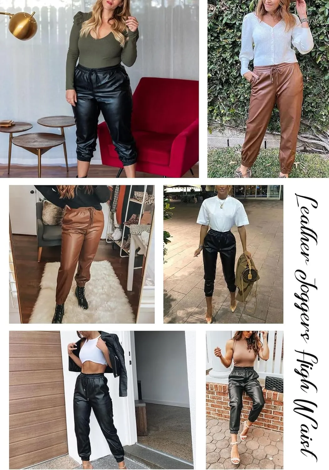 Tcremisa Women's Faux Leather Pants Drawstring Elastic High Waist Joggers Casual Loose Trousers with Pockets