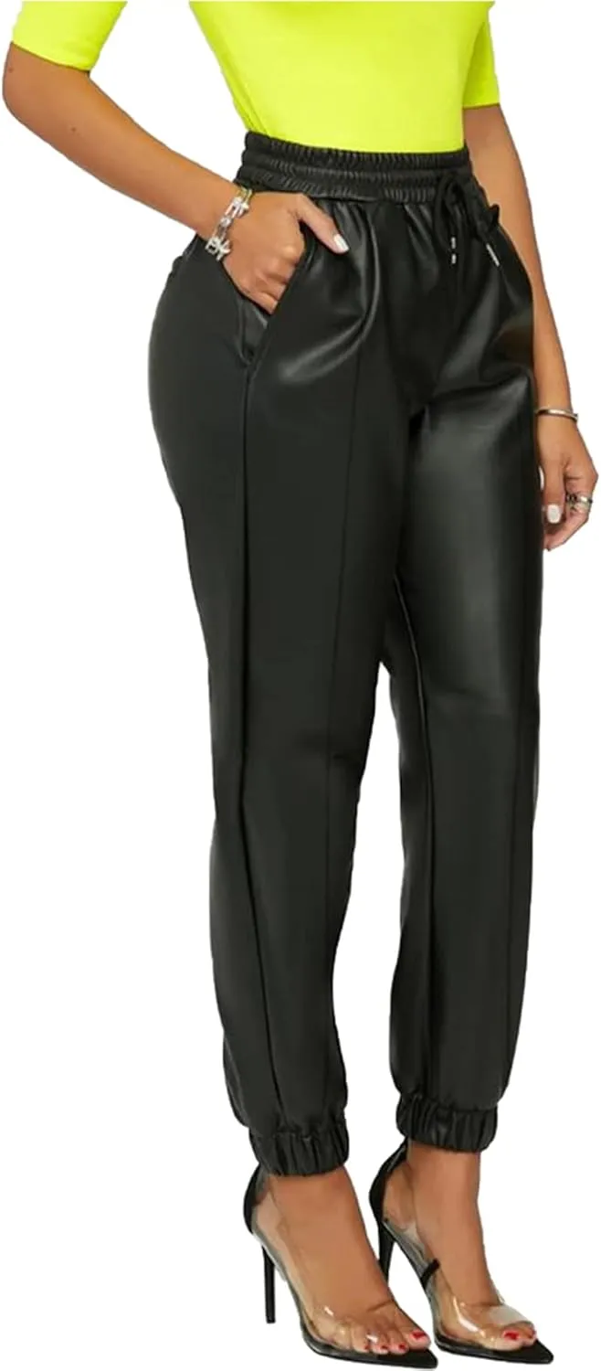 Tcremisa Women's Faux Leather Pants Drawstring Elastic High Waist Joggers Casual Loose Trousers with Pockets