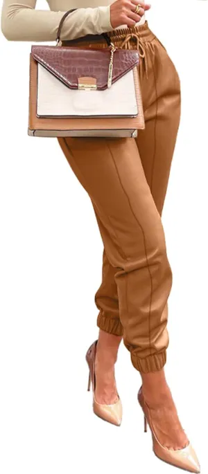 Tcremisa Women's Faux Leather Pants Drawstring Elastic High Waist Joggers Casual Loose Trousers with Pockets