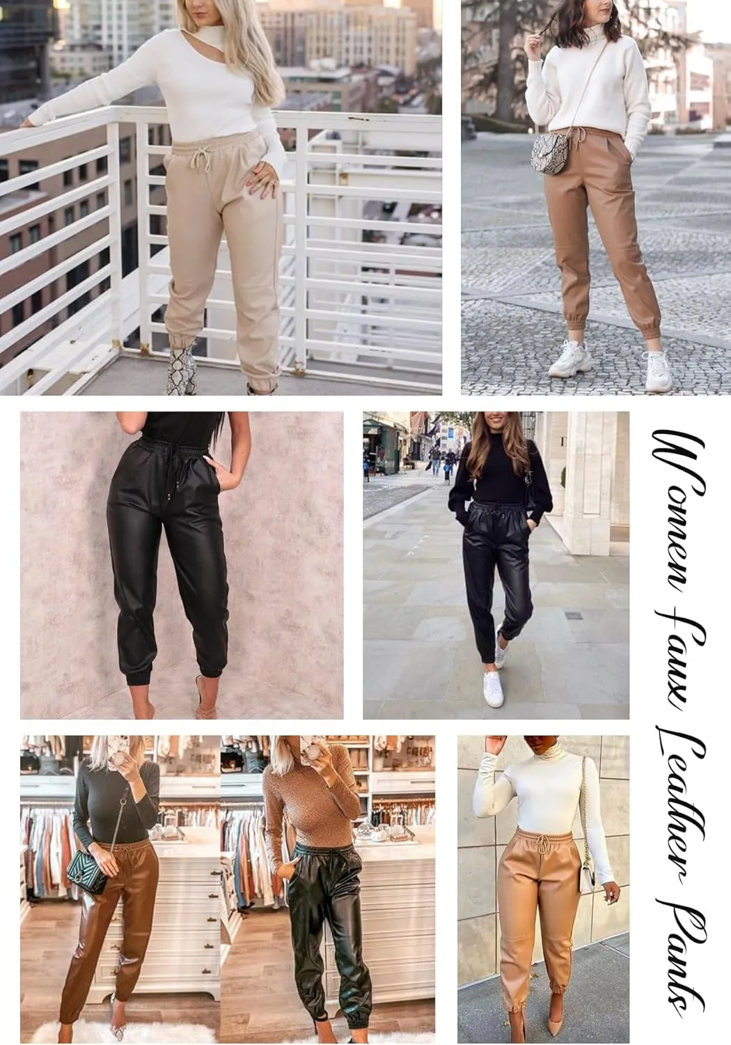 Tcremisa Women's Faux Leather Pants Drawstring Elastic High Waist Joggers Casual Loose Trousers with Pockets