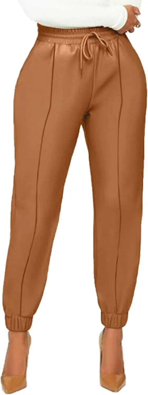 Tcremisa Women's Faux Leather Pants Drawstring Elastic High Waist Joggers Casual Loose Trousers with Pockets