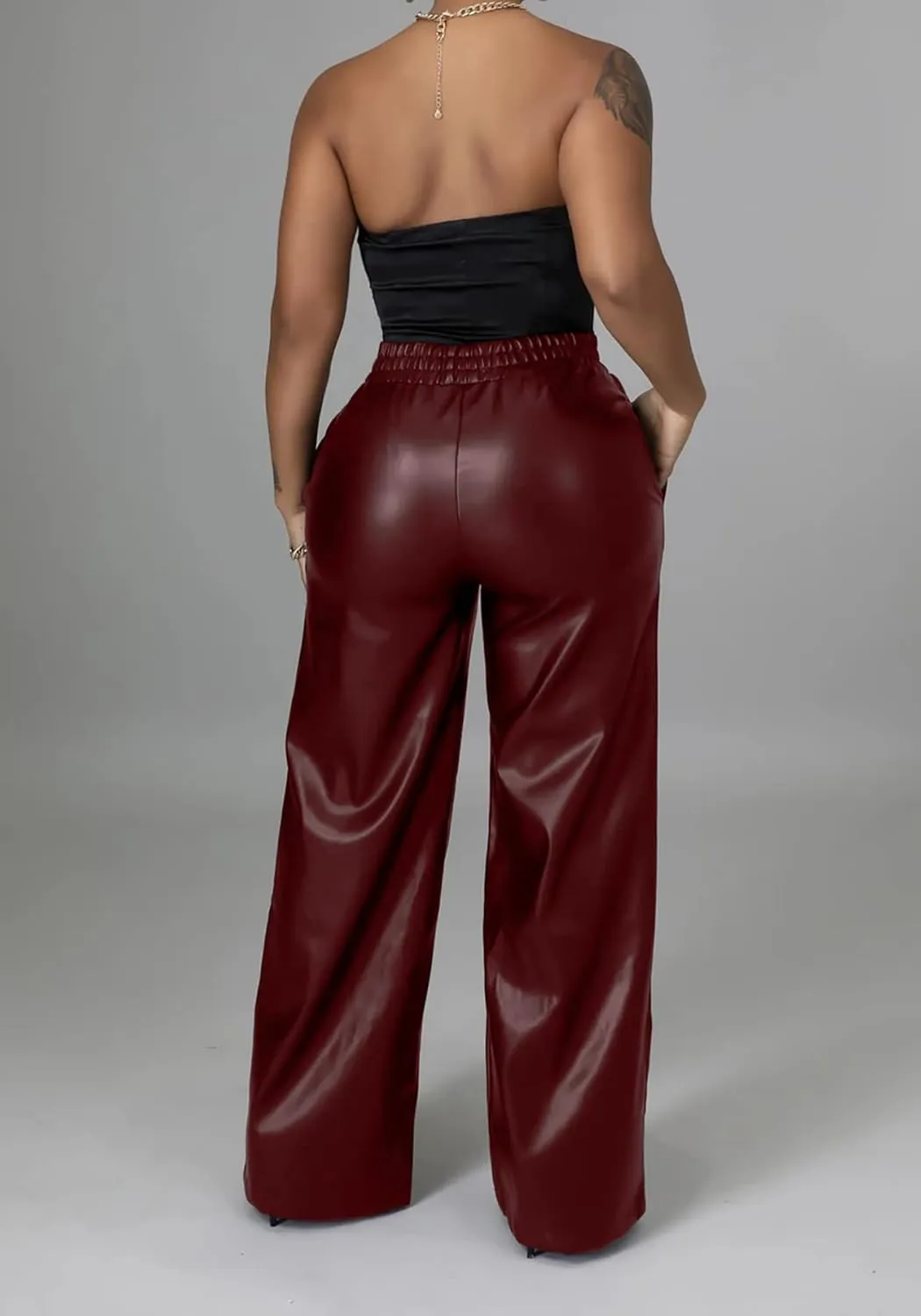 Tcremisa Women's Faux Leather Pants Elastic High Waist Straight Wide Leg Punk PU Trousers with Pockets