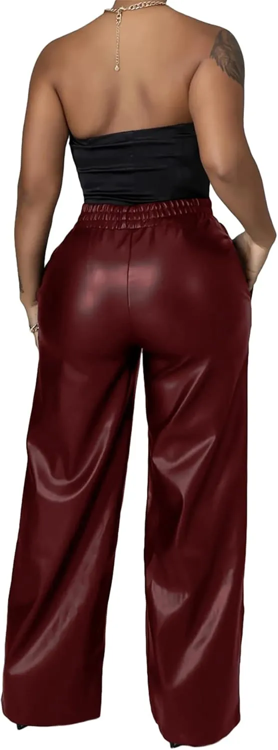 Tcremisa Women's Faux Leather Pants Elastic High Waist Straight Wide Leg Punk PU Trousers with Pockets