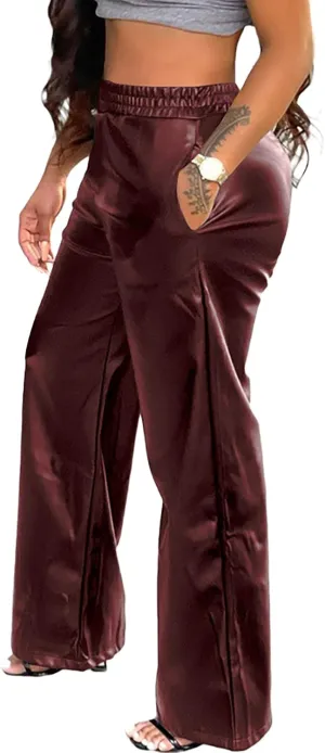 Tcremisa Women's Faux Leather Pants Elastic High Waist Straight Wide Leg Punk PU Trousers with Pockets
