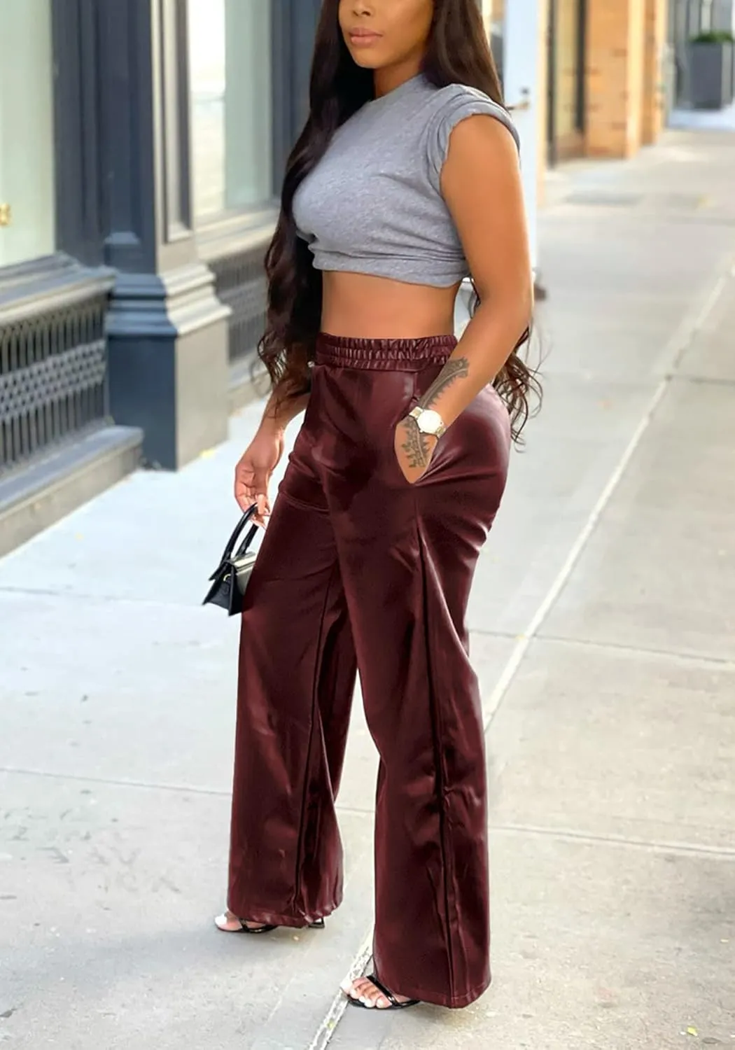 Tcremisa Women's Faux Leather Pants Elastic High Waist Straight Wide Leg Punk PU Trousers with Pockets