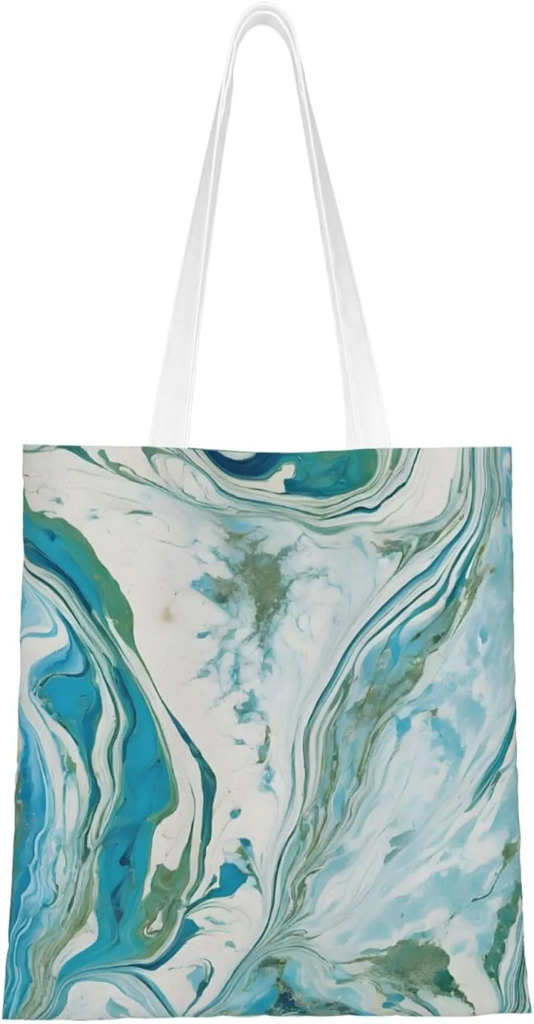 (Teal And Gold Marble) Reusable Canvas Tote Bag For Women Lightweight Handbag Shopping Bag Stylish Shoulder Bag