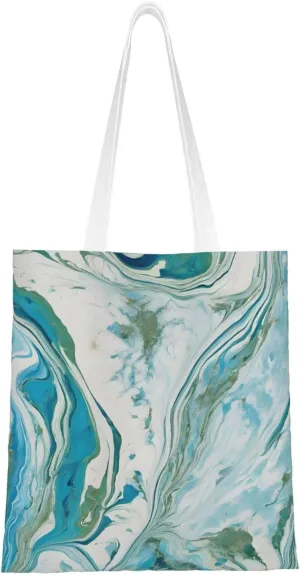 (Teal And Gold Marble) Reusable Canvas Tote Bag For Women Lightweight Handbag Shopping Bag Stylish Shoulder Bag