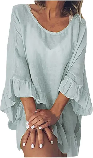 Tunic Dresses for Women 2024 Flowy Plus Size 3/4 Ruffle Sleeve Dress Oversized Lightweight Outdoor Bodycon Mini Dress