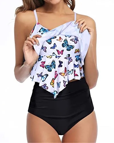 Two Piece Tummy Control Tankini Swimsuits For Teen Girls-White Butterfly
