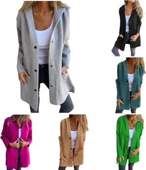 uhnmki Womens Jackets Casual Single Breasted Hooded Jacket Lapel Neck Long Sleeve Solid Color Trench Coat for Women 2024