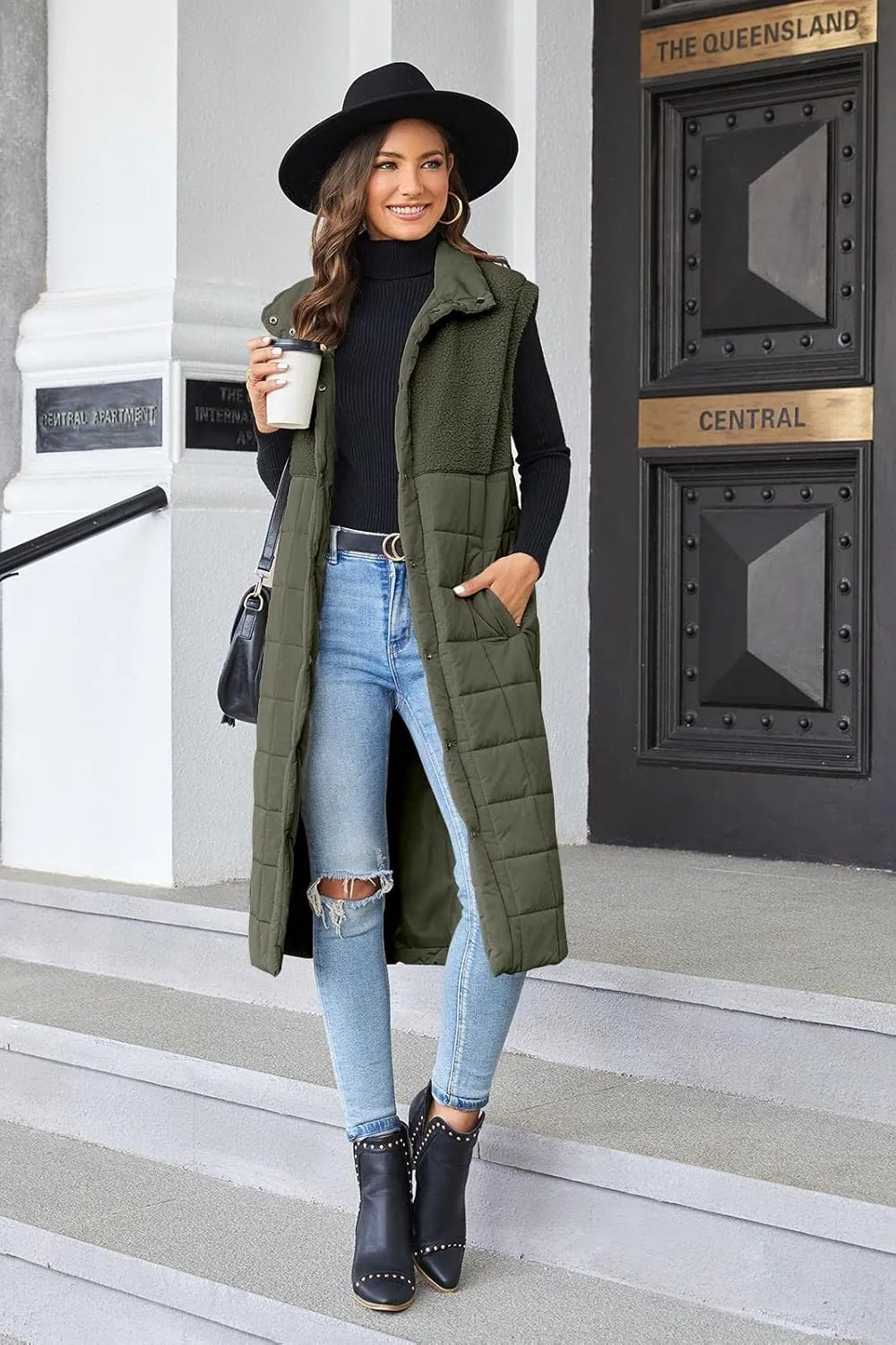 UMEKO Women's Long Puffer Vest Fleece Jacket Winter Button Down Sleeveless Coats