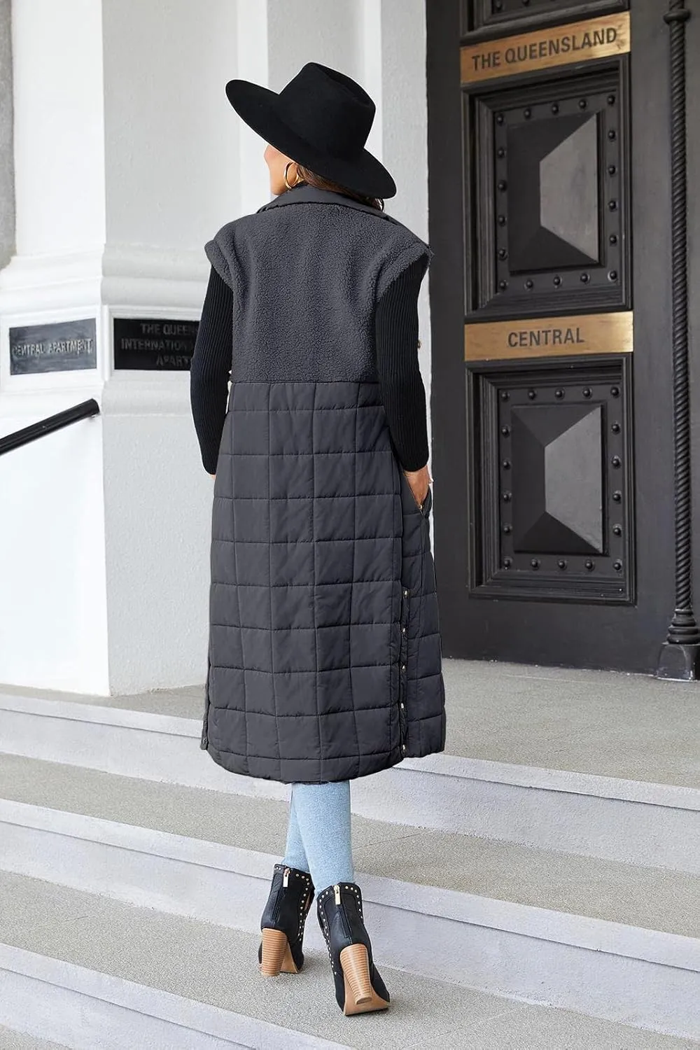 UMEKO Women's Long Puffer Vest Fleece Jacket Winter Button Down Sleeveless Coats