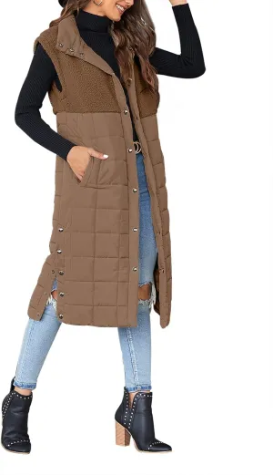 UMEKO Women's Long Puffer Vest Fleece Jacket Winter Button Down Sleeveless Coats