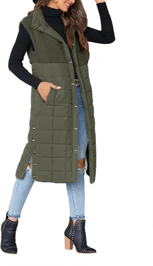 UMEKO Women's Long Puffer Vest Fleece Jacket Winter Button Down Sleeveless Coats