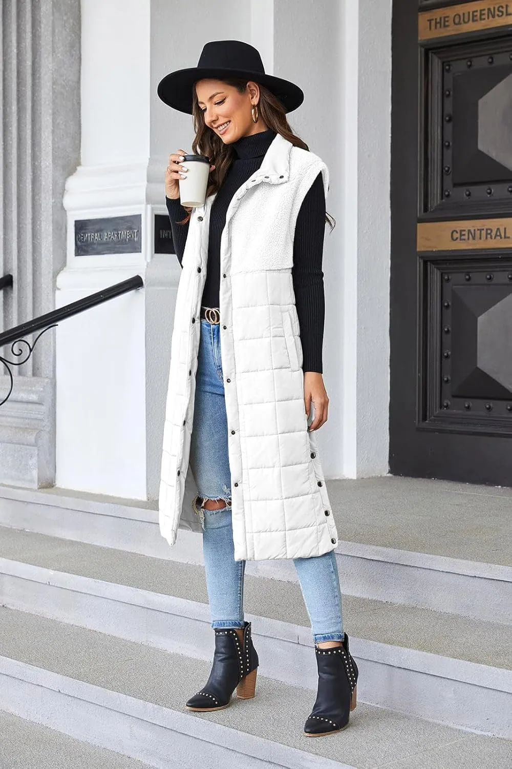 UMEKO Women's Long Puffer Vest Fleece Jacket Winter Button Down Sleeveless Coats