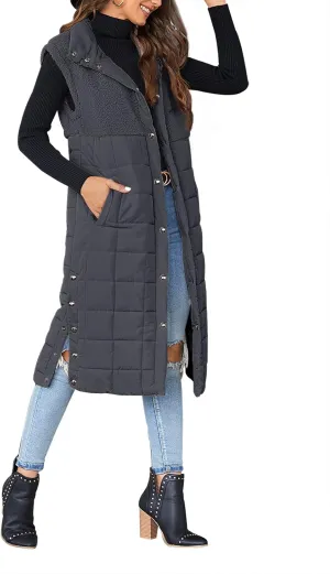 UMEKO Women's Long Puffer Vest Fleece Jacket Winter Button Down Sleeveless Coats