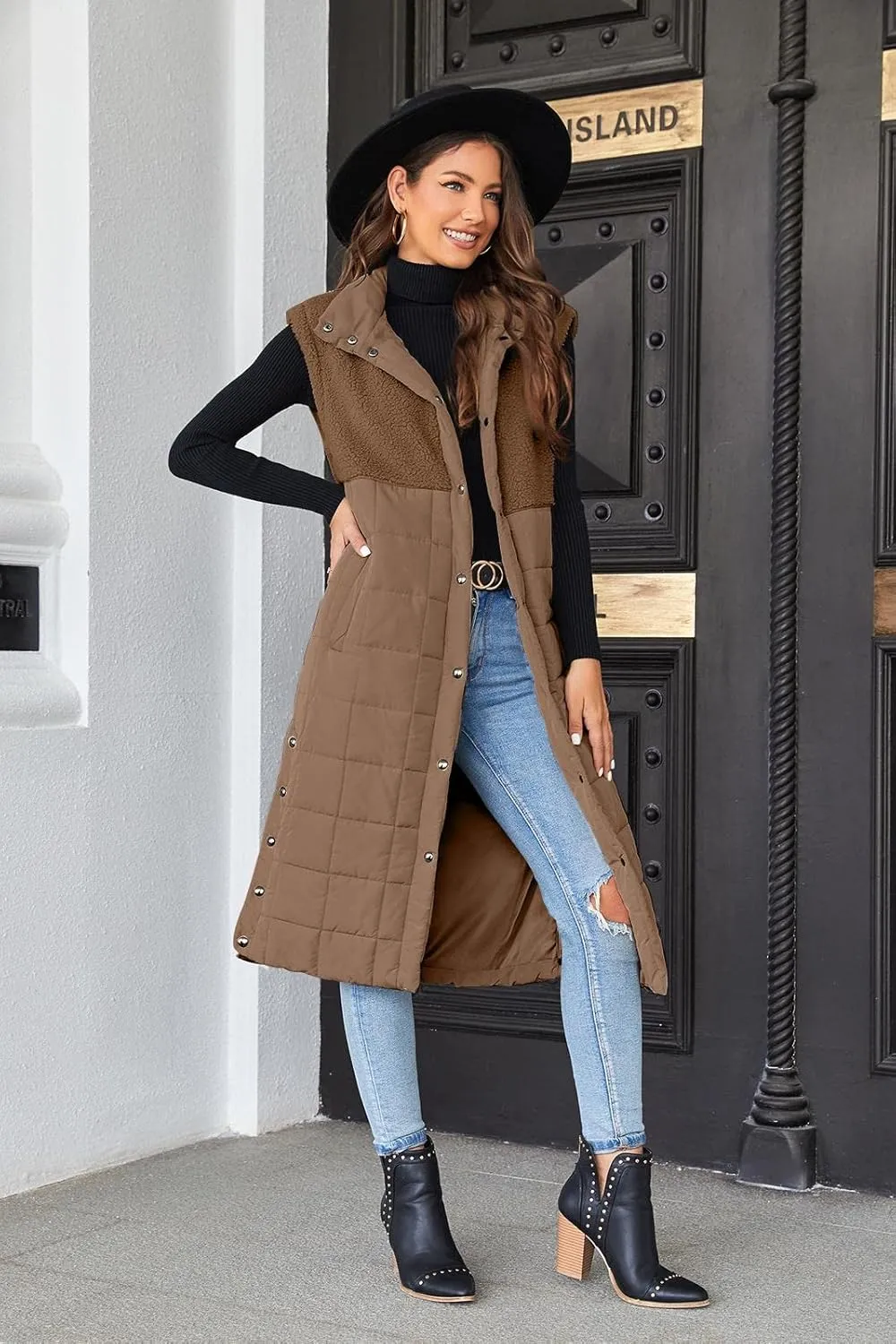 UMEKO Women's Long Puffer Vest Fleece Jacket Winter Button Down Sleeveless Coats