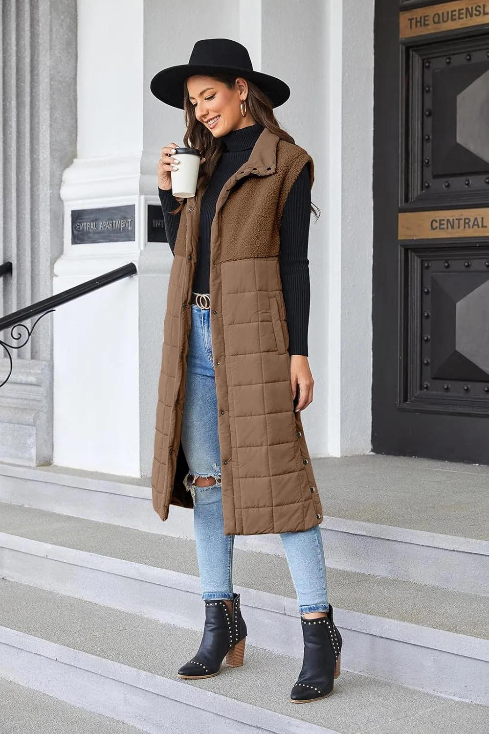 UMEKO Women's Long Puffer Vest Fleece Jacket Winter Button Down Sleeveless Coats