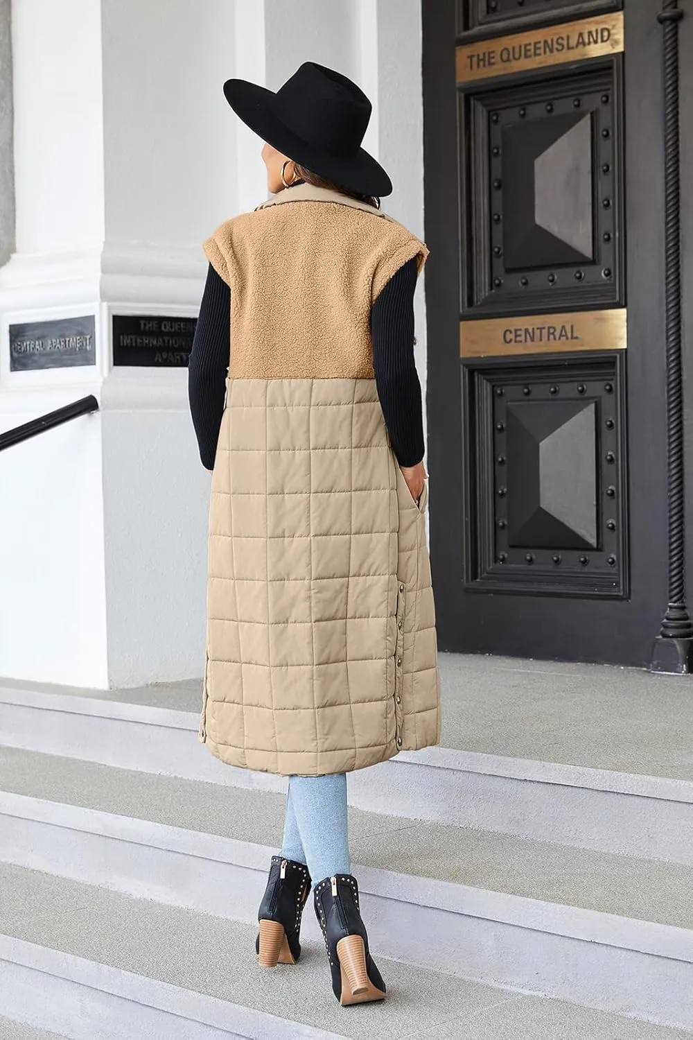 UMEKO Women's Long Puffer Vest Fleece Jacket Winter Button Down Sleeveless Coats