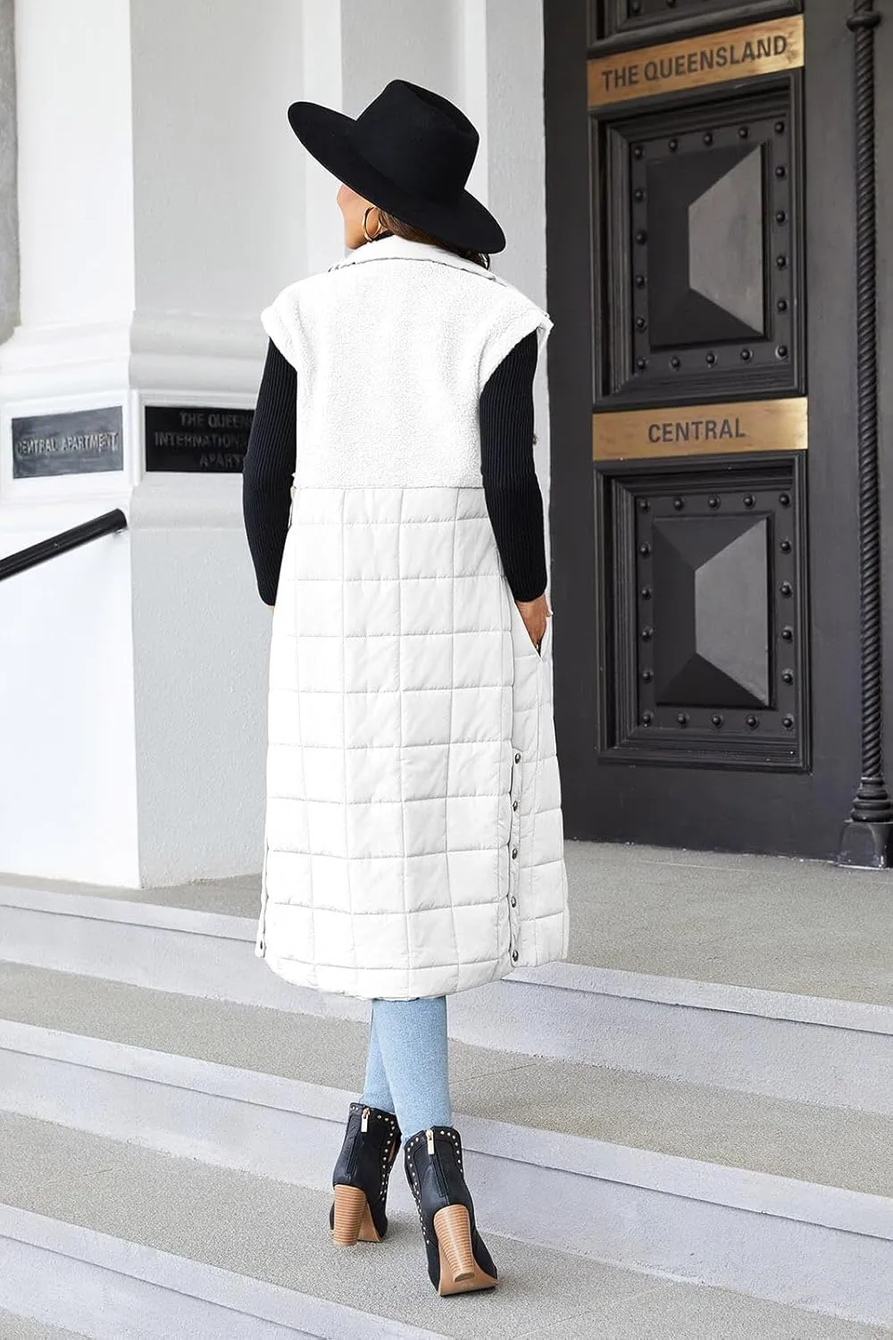UMEKO Women's Long Puffer Vest Fleece Jacket Winter Button Down Sleeveless Coats