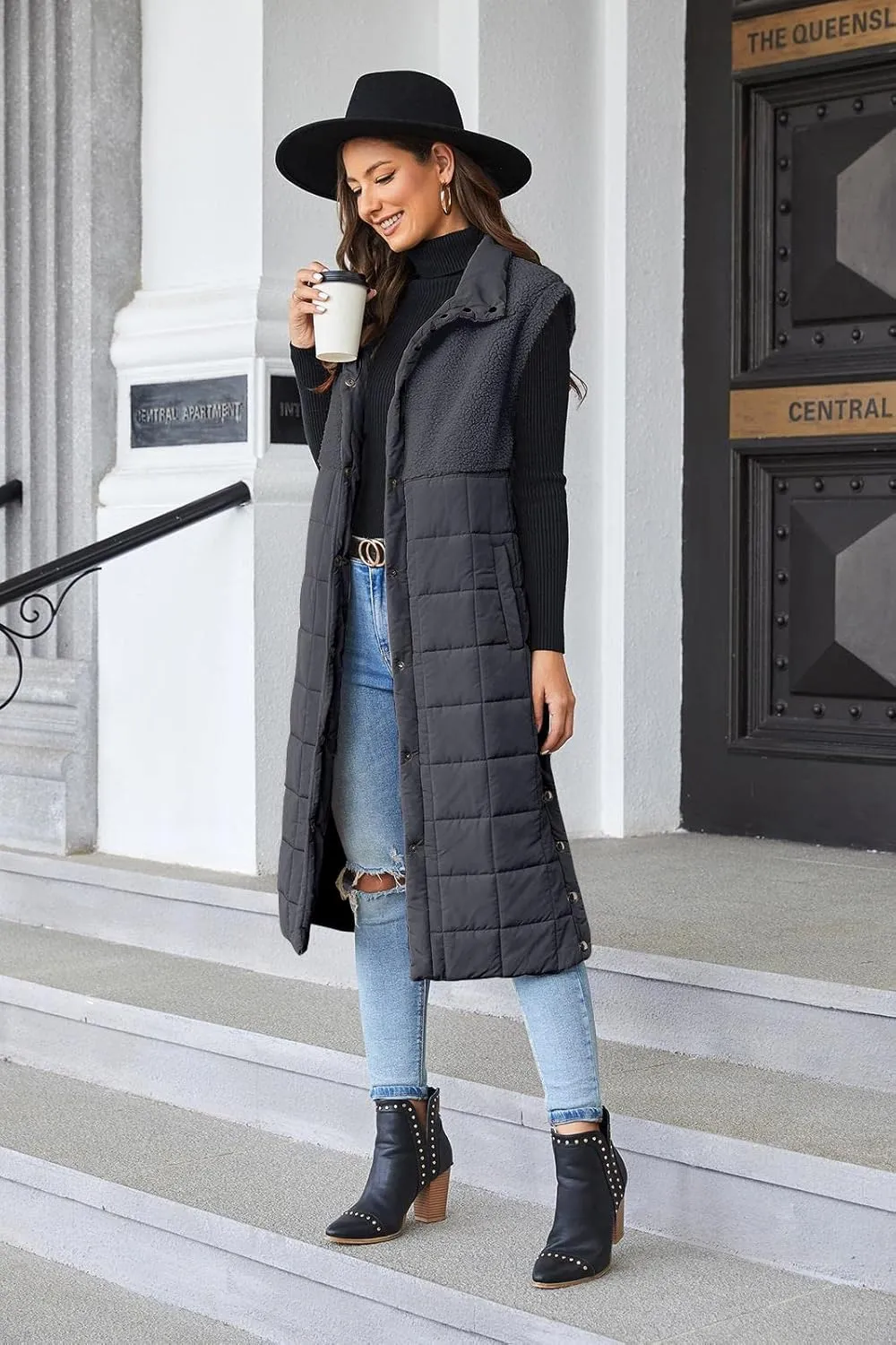 UMEKO Women's Long Puffer Vest Fleece Jacket Winter Button Down Sleeveless Coats