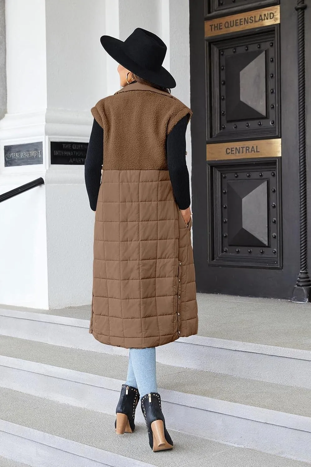 UMEKO Women's Long Puffer Vest Fleece Jacket Winter Button Down Sleeveless Coats