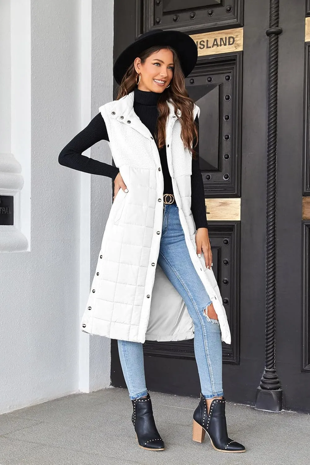 UMEKO Women's Long Puffer Vest Fleece Jacket Winter Button Down Sleeveless Coats