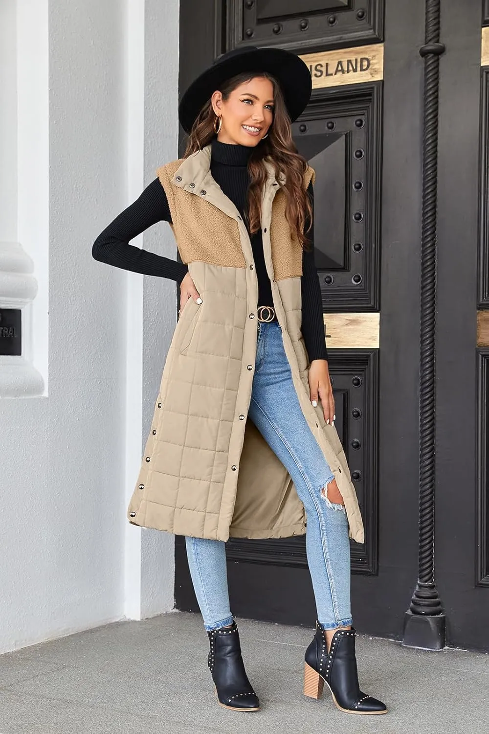 UMEKO Women's Long Puffer Vest Fleece Jacket Winter Button Down Sleeveless Coats