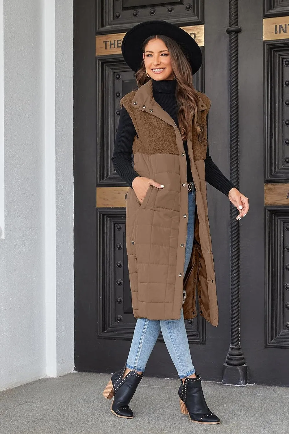 UMEKO Women's Long Puffer Vest Fleece Jacket Winter Button Down Sleeveless Coats