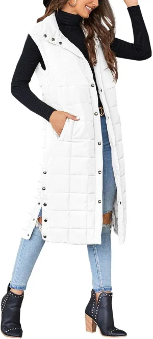 UMEKO Women's Long Puffer Vest Fleece Jacket Winter Button Down Sleeveless Coats