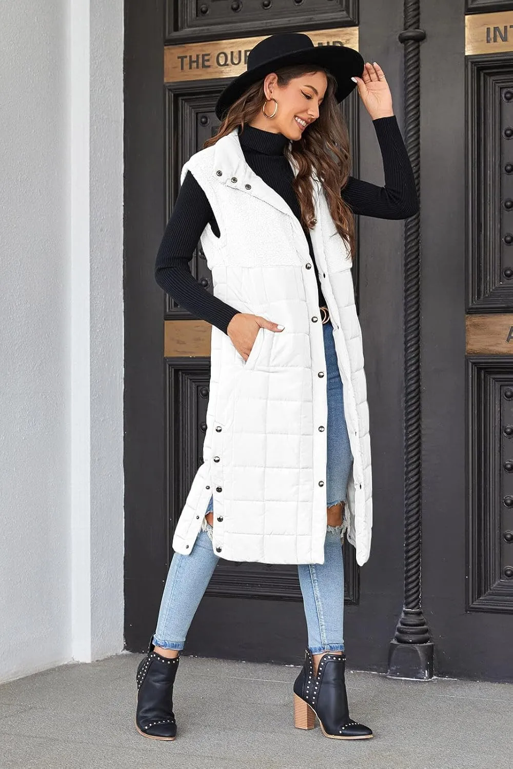 UMEKO Women's Long Puffer Vest Fleece Jacket Winter Button Down Sleeveless Coats