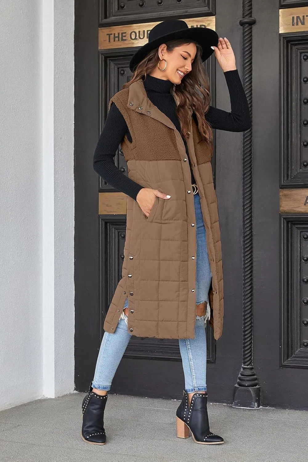 UMEKO Women's Long Puffer Vest Fleece Jacket Winter Button Down Sleeveless Coats