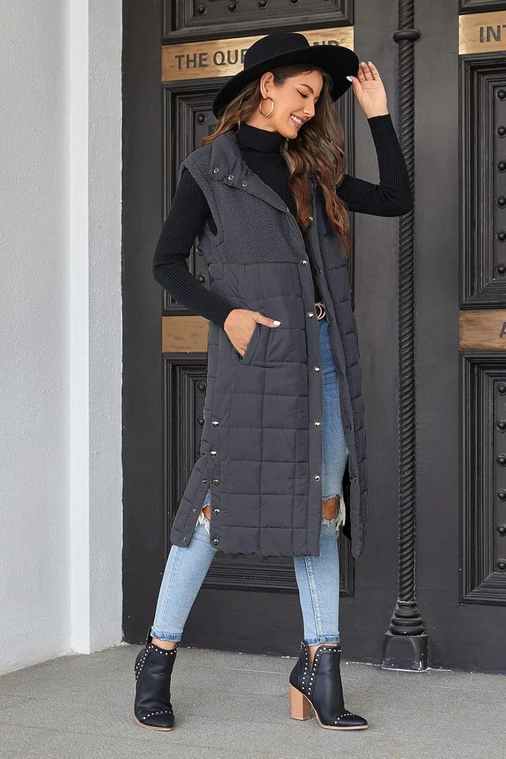 UMEKO Women's Long Puffer Vest Fleece Jacket Winter Button Down Sleeveless Coats