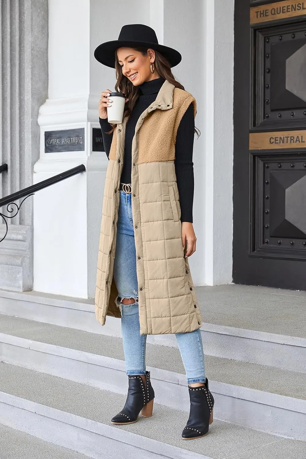 UMEKO Women's Long Puffer Vest Fleece Jacket Winter Button Down Sleeveless Coats