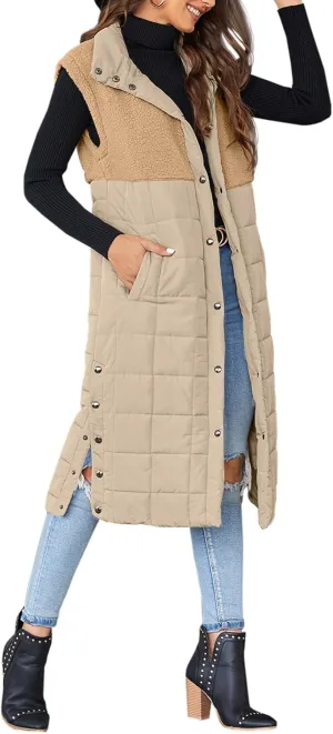 UMEKO Women's Long Puffer Vest Fleece Jacket Winter Button Down Sleeveless Coats