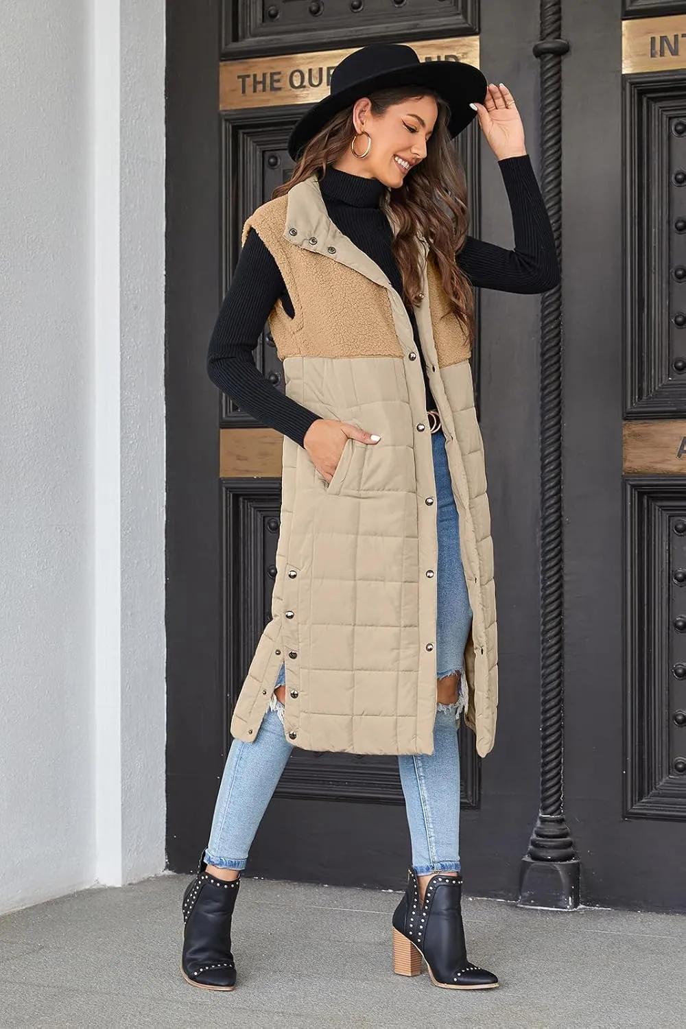 UMEKO Women's Long Puffer Vest Fleece Jacket Winter Button Down Sleeveless Coats