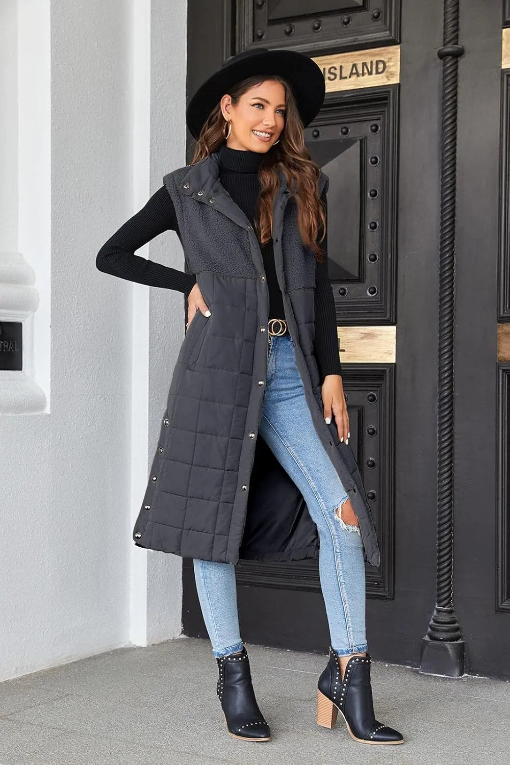 UMEKO Women's Long Puffer Vest Fleece Jacket Winter Button Down Sleeveless Coats
