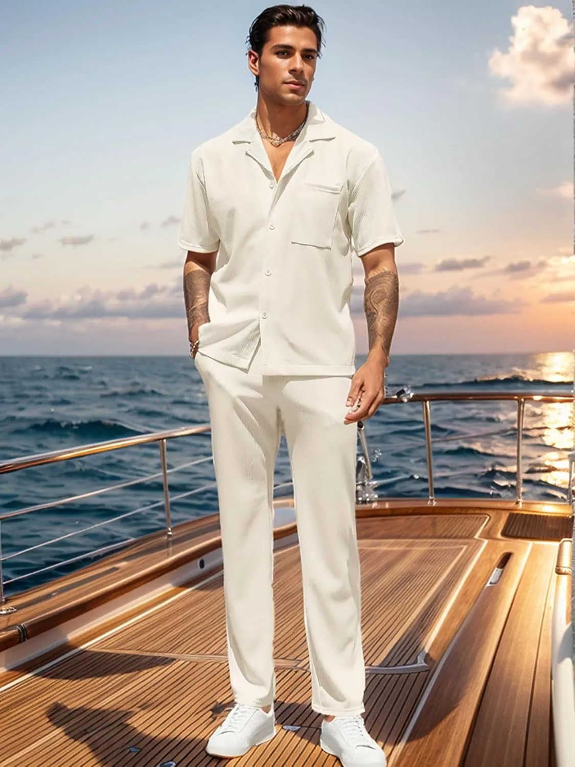 UOUA Mens Summer 2 Piece Set Casual Outfits Button Short Sleeve Shirt & Loose Pants Textured Striped Tracksuit Walking Suits