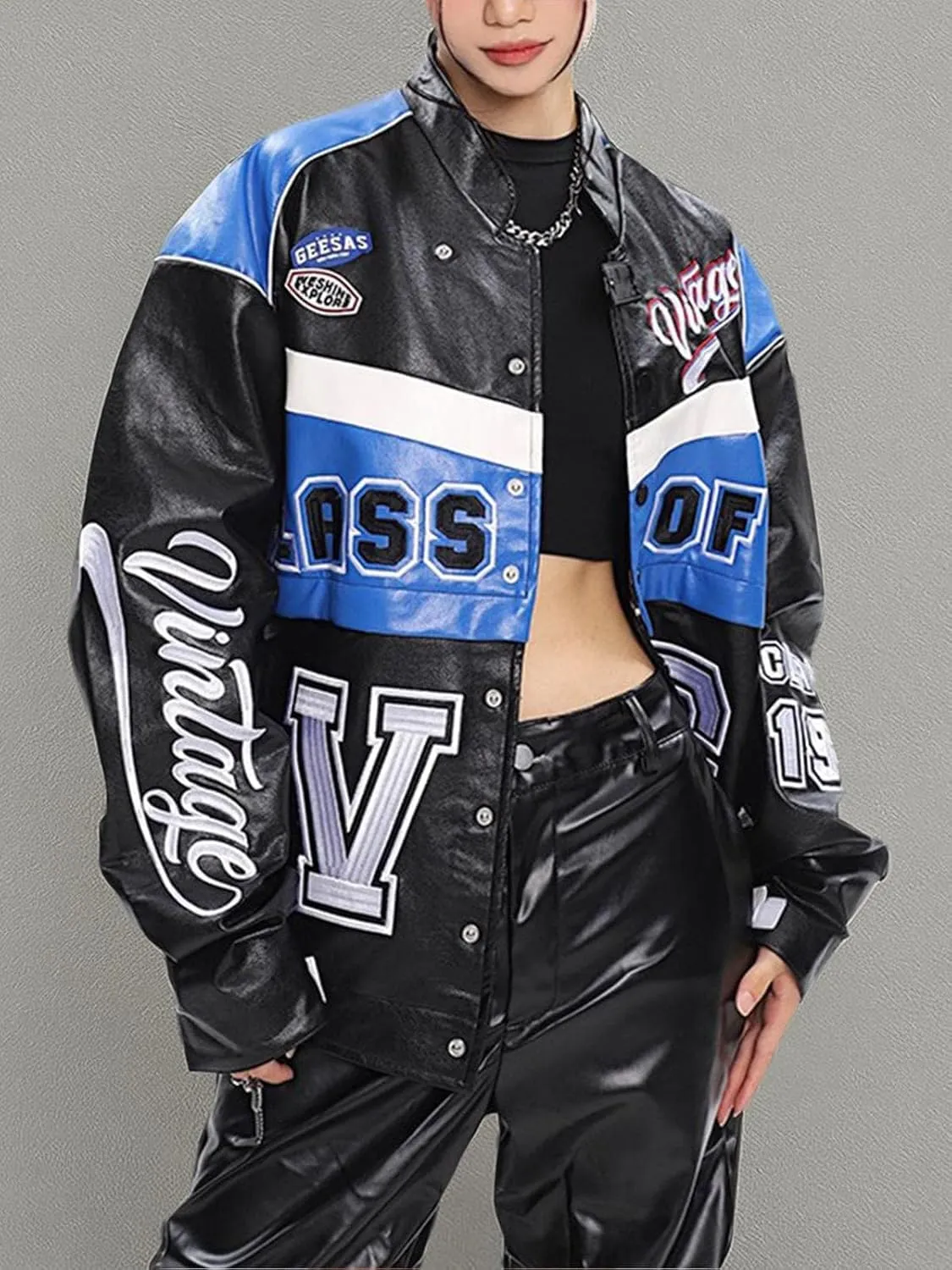 Vamtac Faux Leather Racing Jackets Varsity Bomber Coats Unisex Street With Pockets