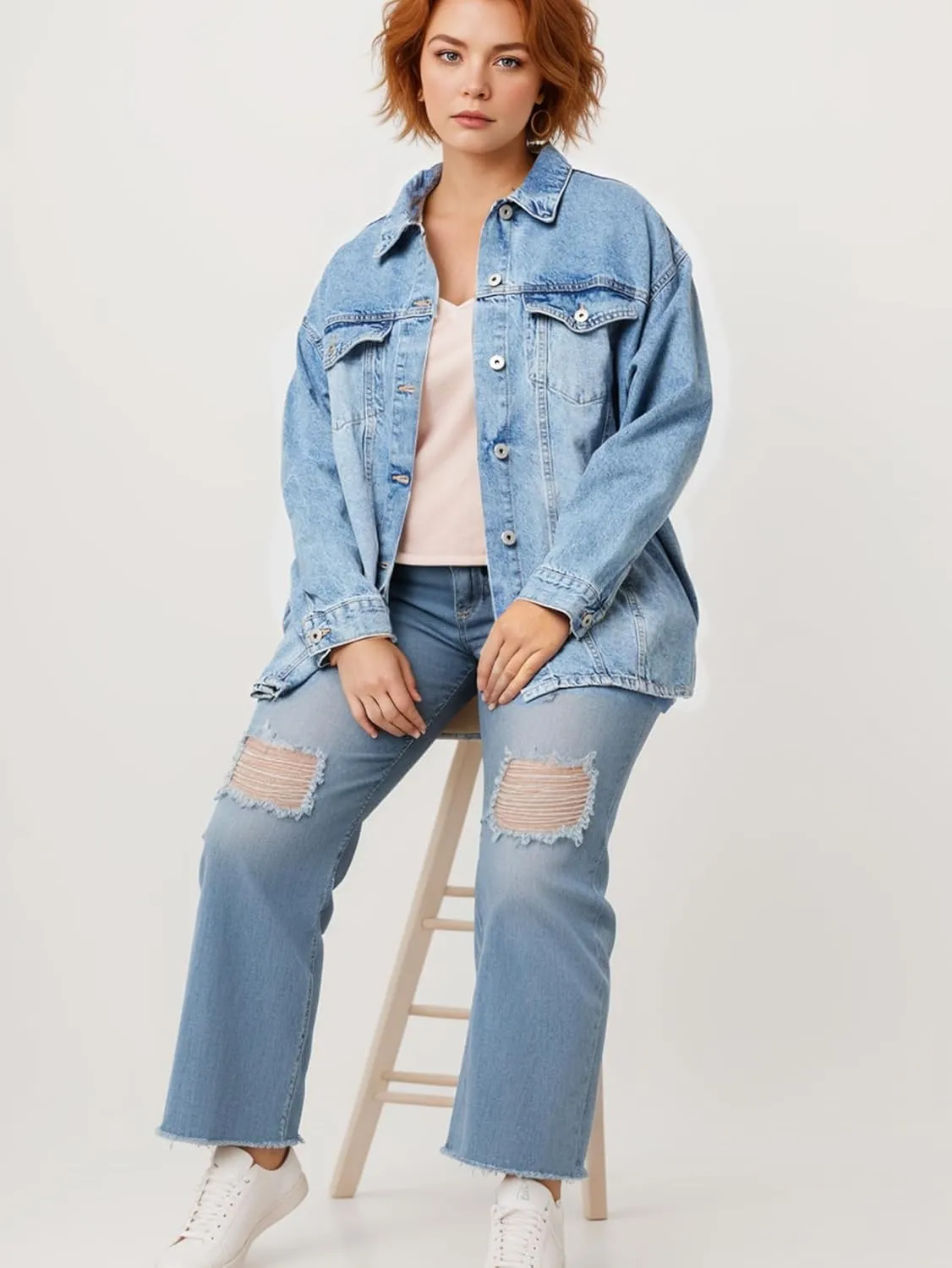 VANGULL Women's Oversized Denim Jacket Plus Size Vintage Long Sleeves Button Down with Pockets