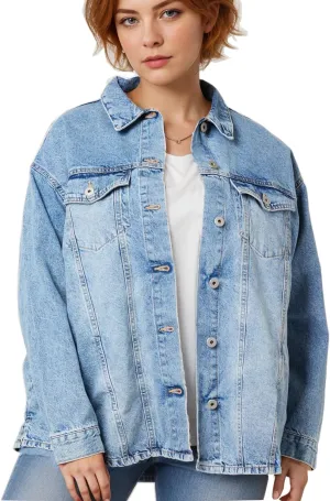 VANGULL Women's Oversized Denim Jacket Plus Size Vintage Long Sleeves Button Down with Pockets